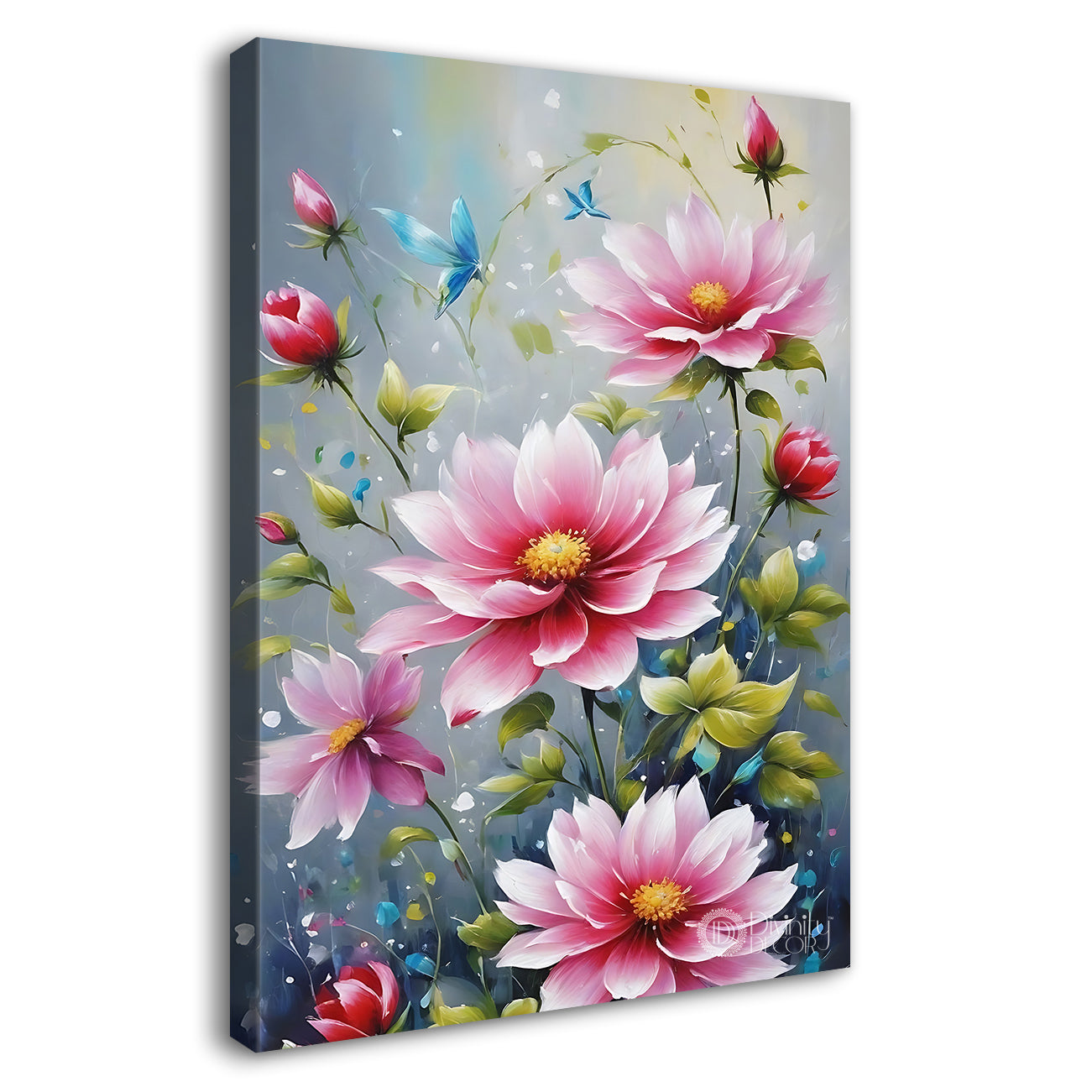 Pink flowers in grey textured painting- Flower-V-564