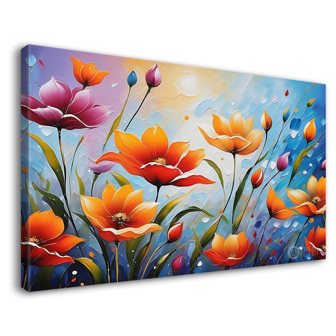 Colorful flowers in blue background canvas painting- Flower-565