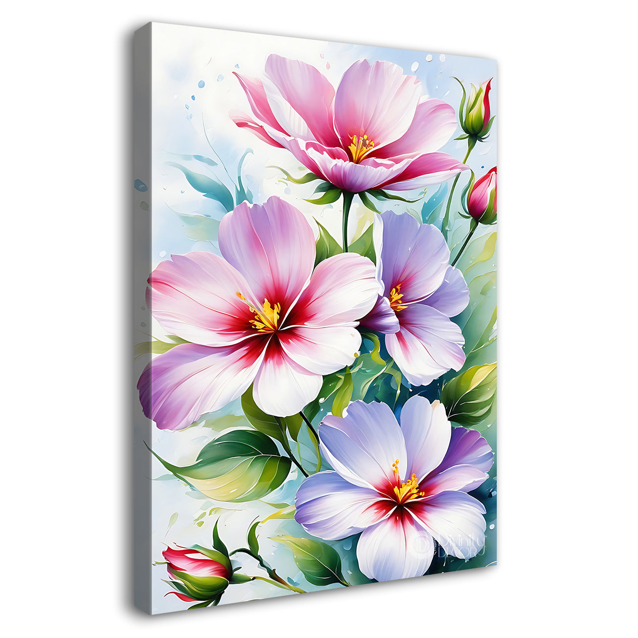 Pink flowers in blue textured painting- Flower-V-565