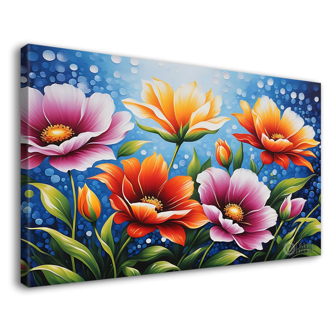 Colorful flowers in blue background canvas painting- Flower-567