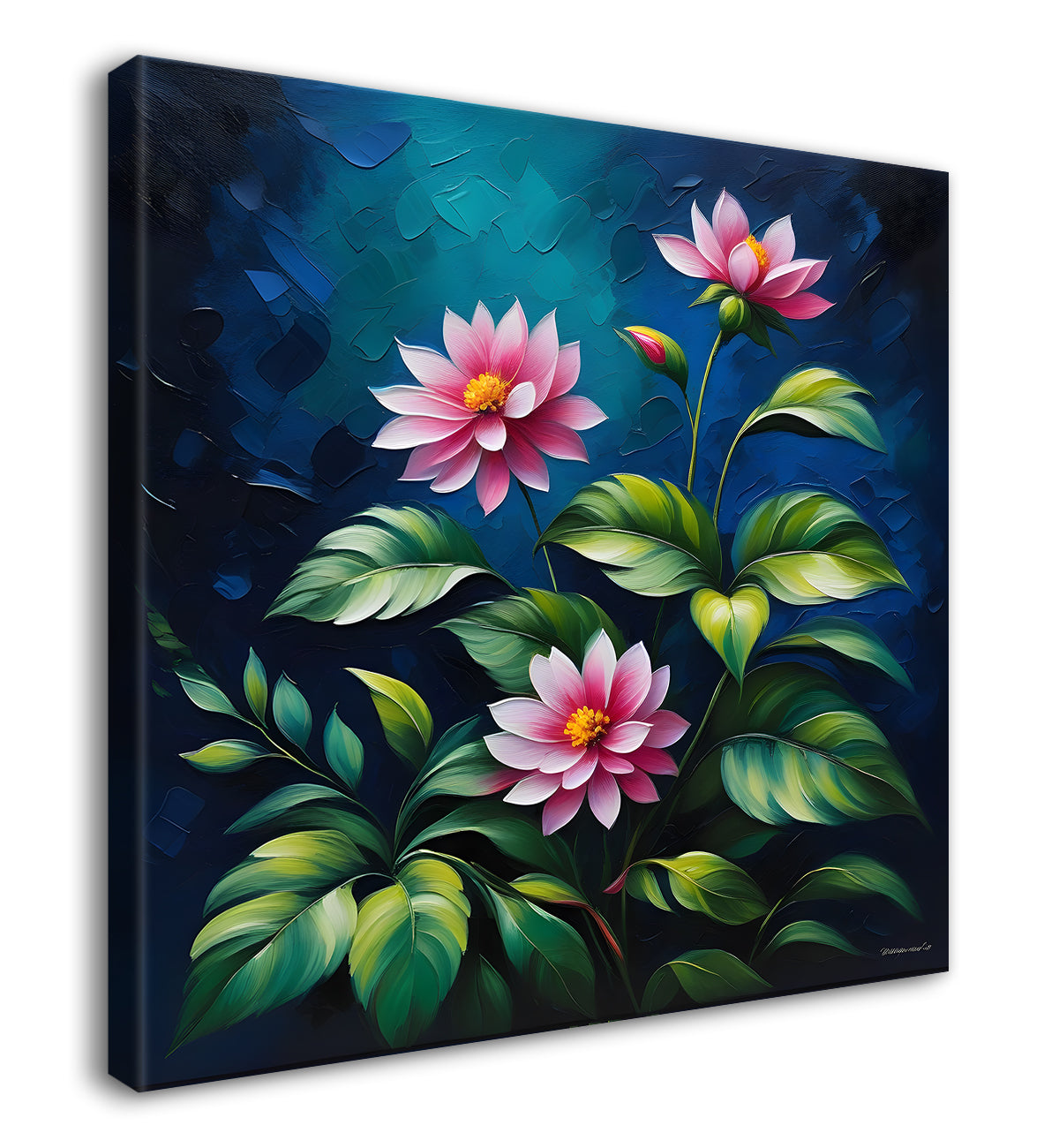 Pink flowers in navy blue textured painting Flower-S-568