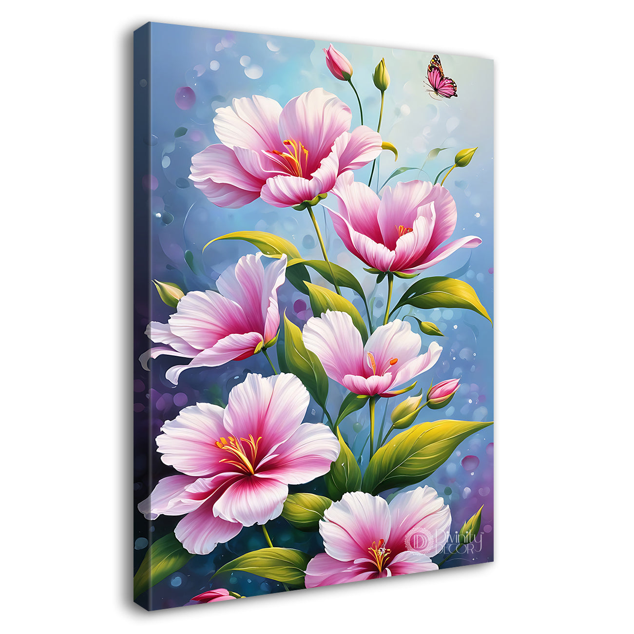 Pink flowers in blue textured painting - Flower-V-568