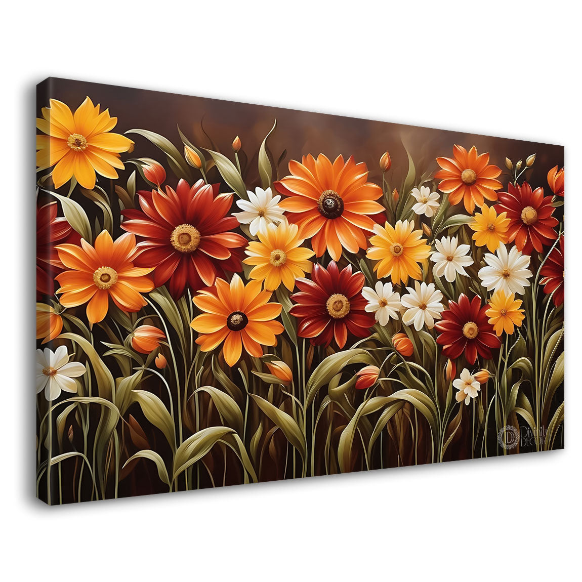 Orange and red in brown background canvas painting- Flower-569