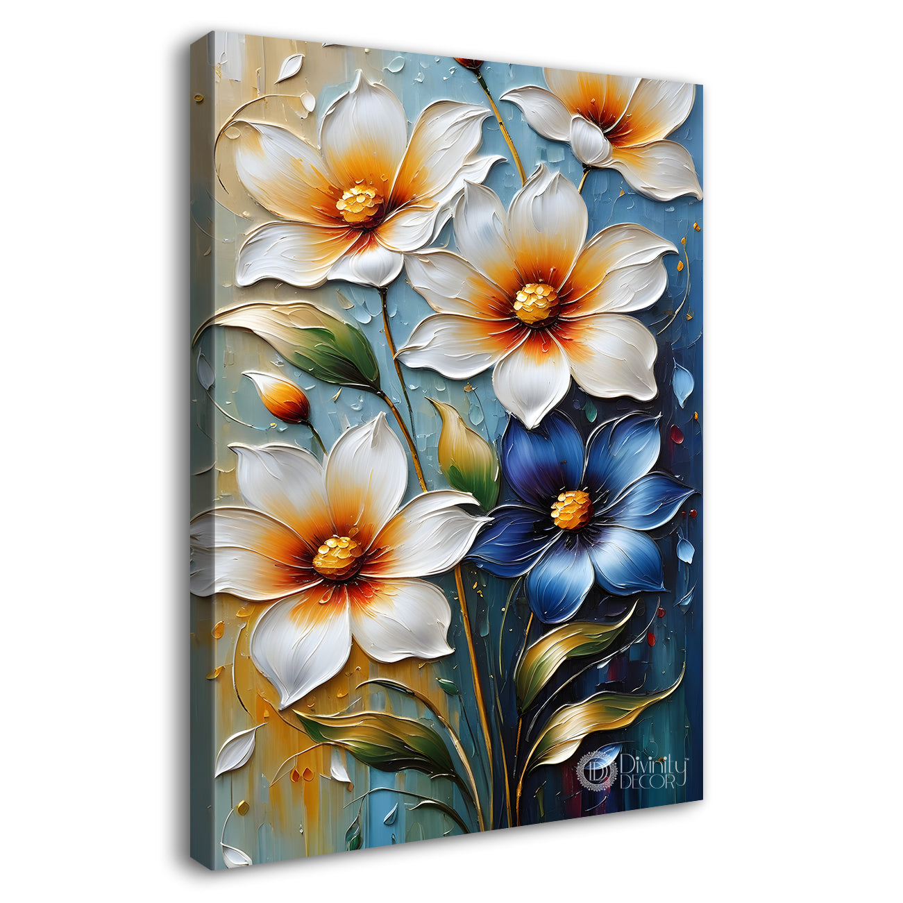 White flowers in blue textured background painting - Flower-V-56