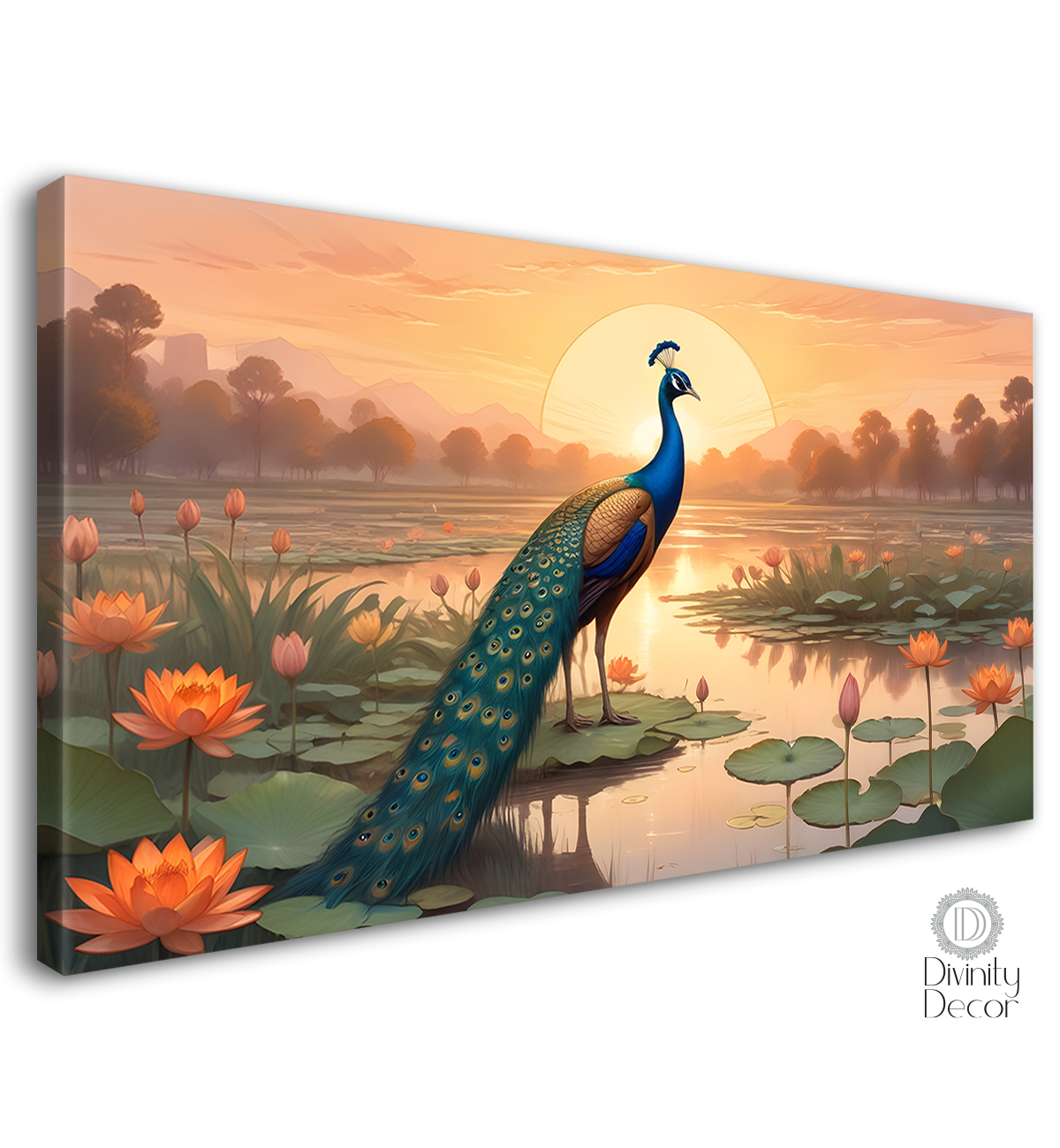 Peacock with orange lotus with trees and sunrise textured art.- Design - Animal - 56