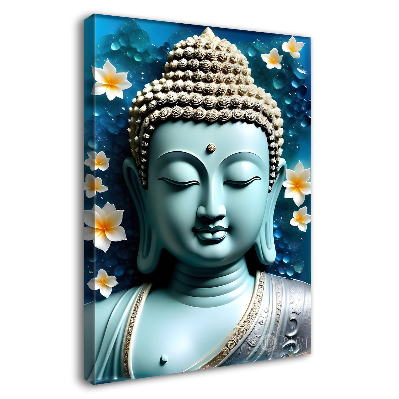 Sky blue buddha  in white flowers background textured painting - Buddha-V-56