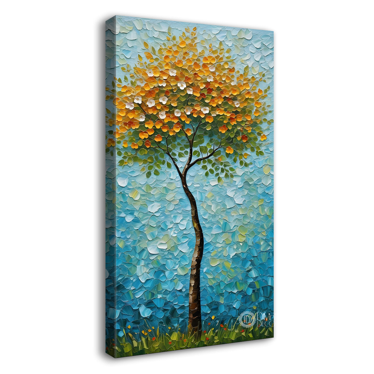 White flowers orange tree in textured oil painting Canvas painting - Tree-V-56