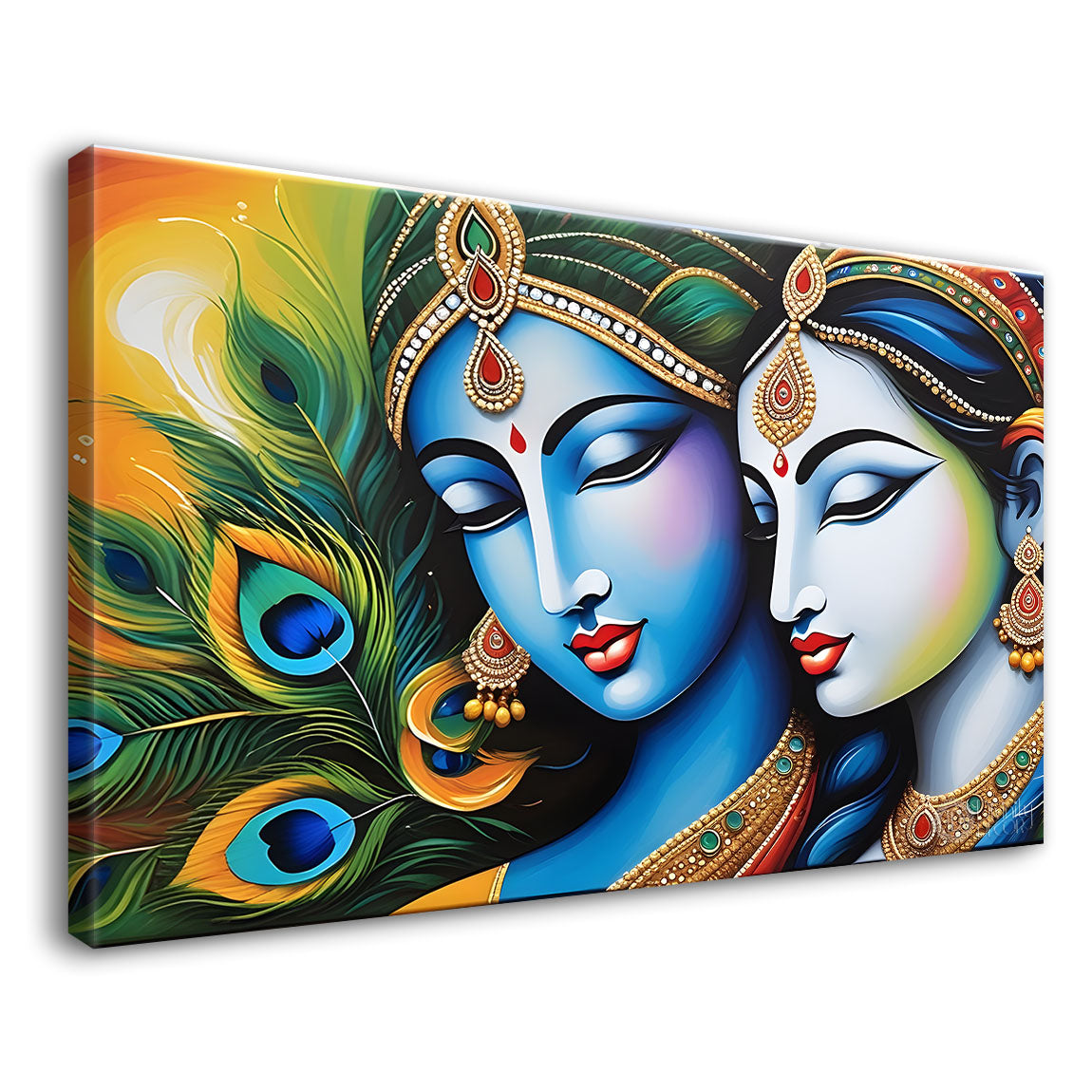 Blue face Krishna and Radha with peacock feathers painting Canvas Painting - Design - Krishna-56