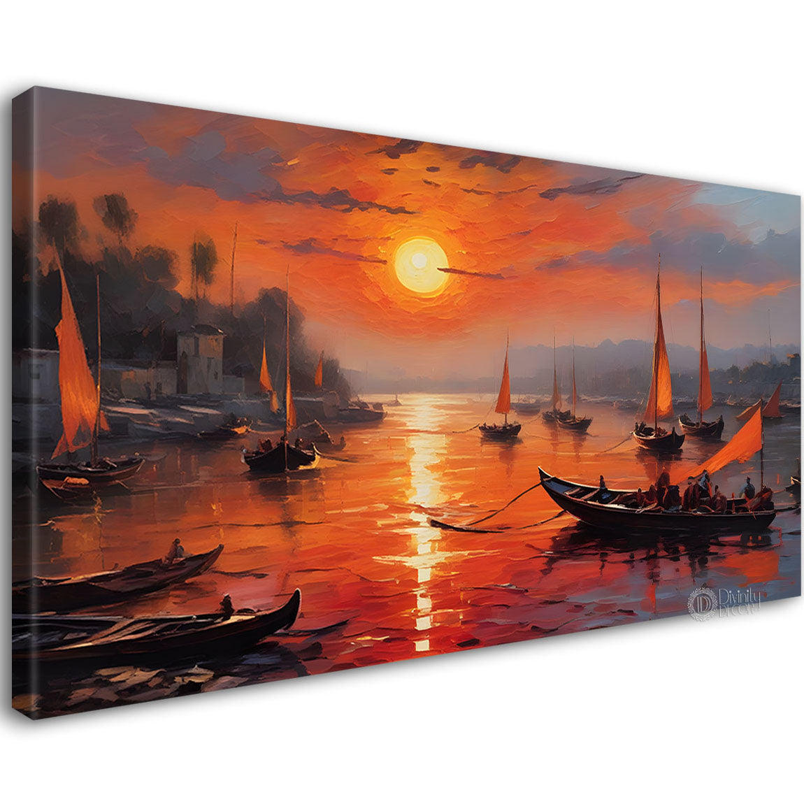 Boats in river with sunset view textured modern art canvas painting - Design - River-56