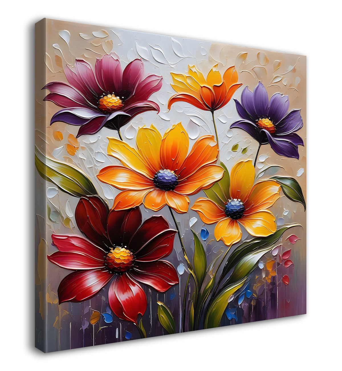 Colourful flowers in light brown background textured painting - Flower-S-56