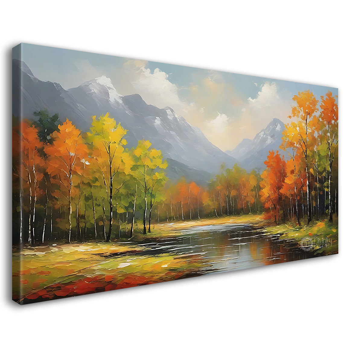Mountains with colorful trees and lake in textured natural art Canvas Painting - Nature Art -56