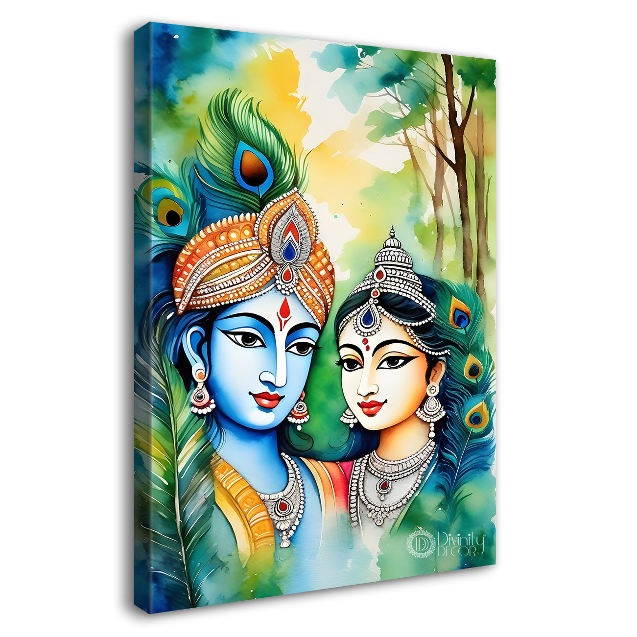 Blue face of krishna with radha in water colour textured art Canvas Painting - Design - Krishna-V-56