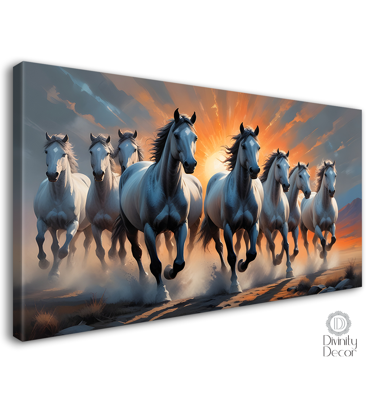 Grey running horses with sunrise textured background art Canvas Painting - Design - Horse-57