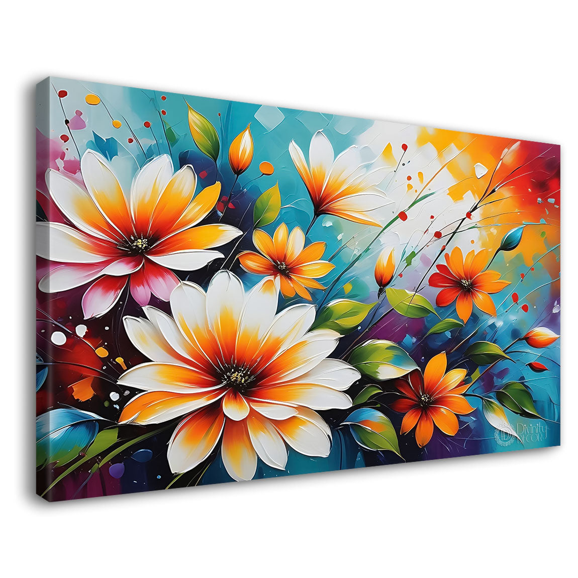 White flowers in blue background canvas painting- Flower-570