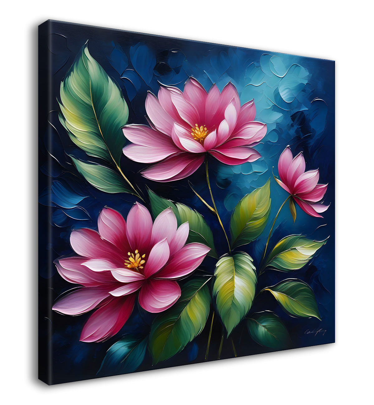 Pink flowers in navy blue textured painting Flower-S-570