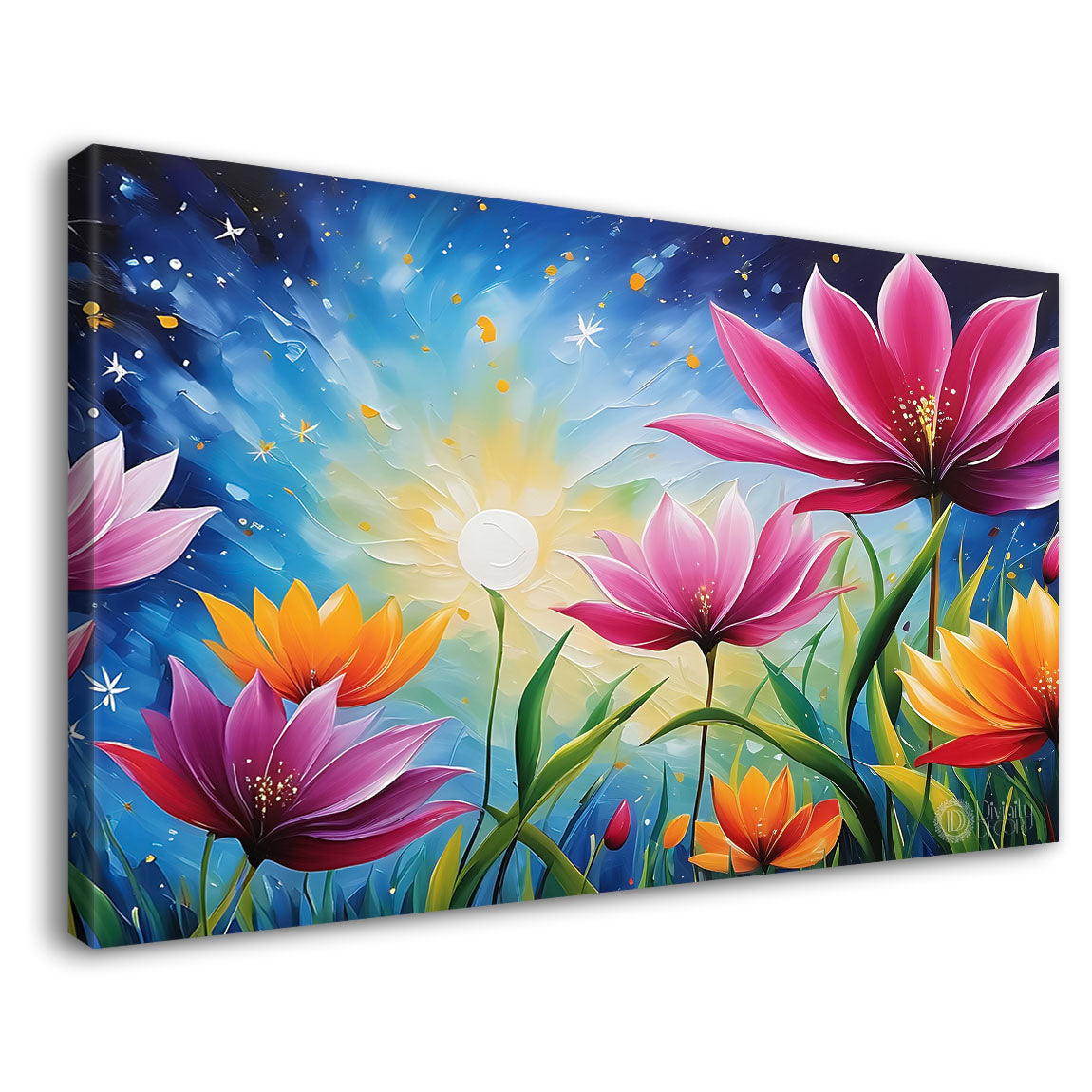 Pink flowers in blue background canvas painting- Flower-571