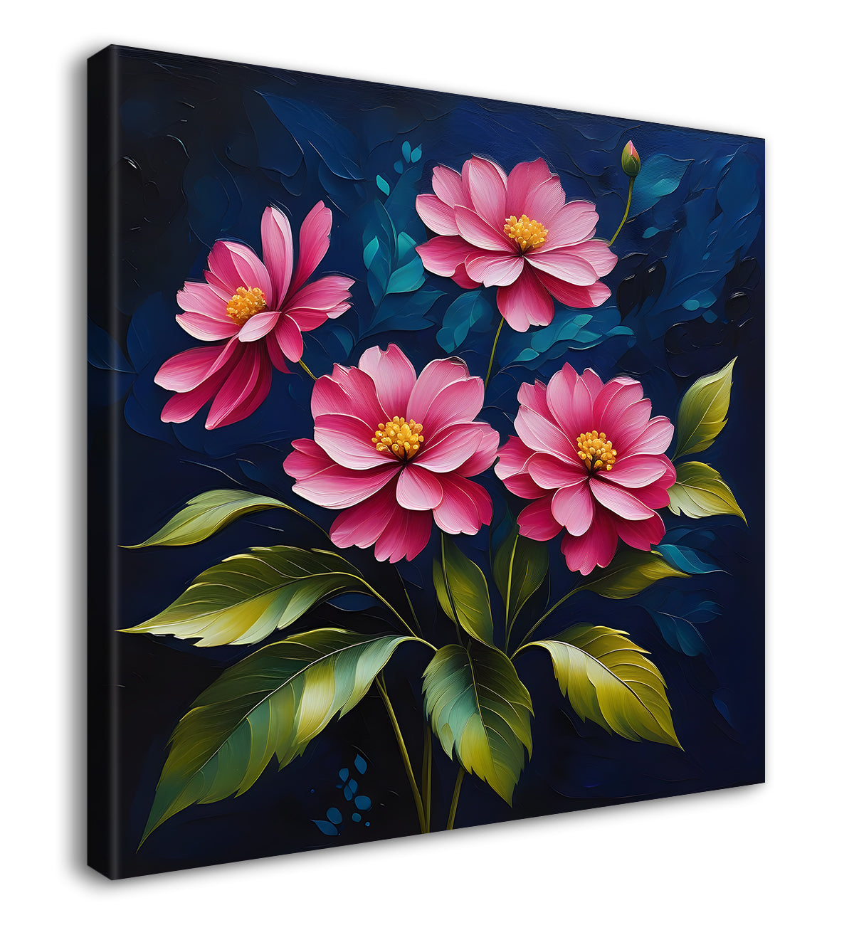 Pink flowers in navy blue textured painting Flower-S-571
