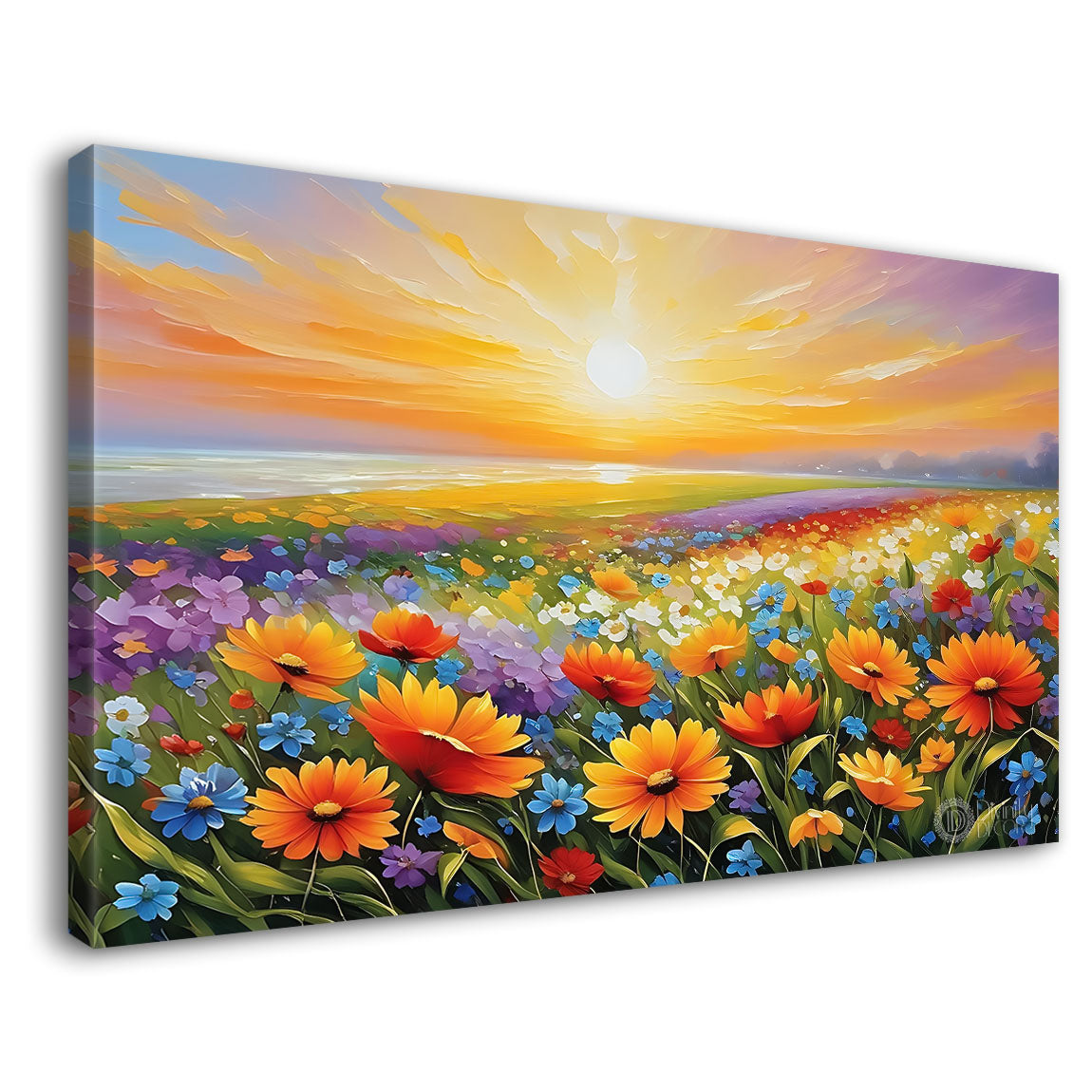 Orange flowers land with lake and sun textured painting canvas painting- Flower-572