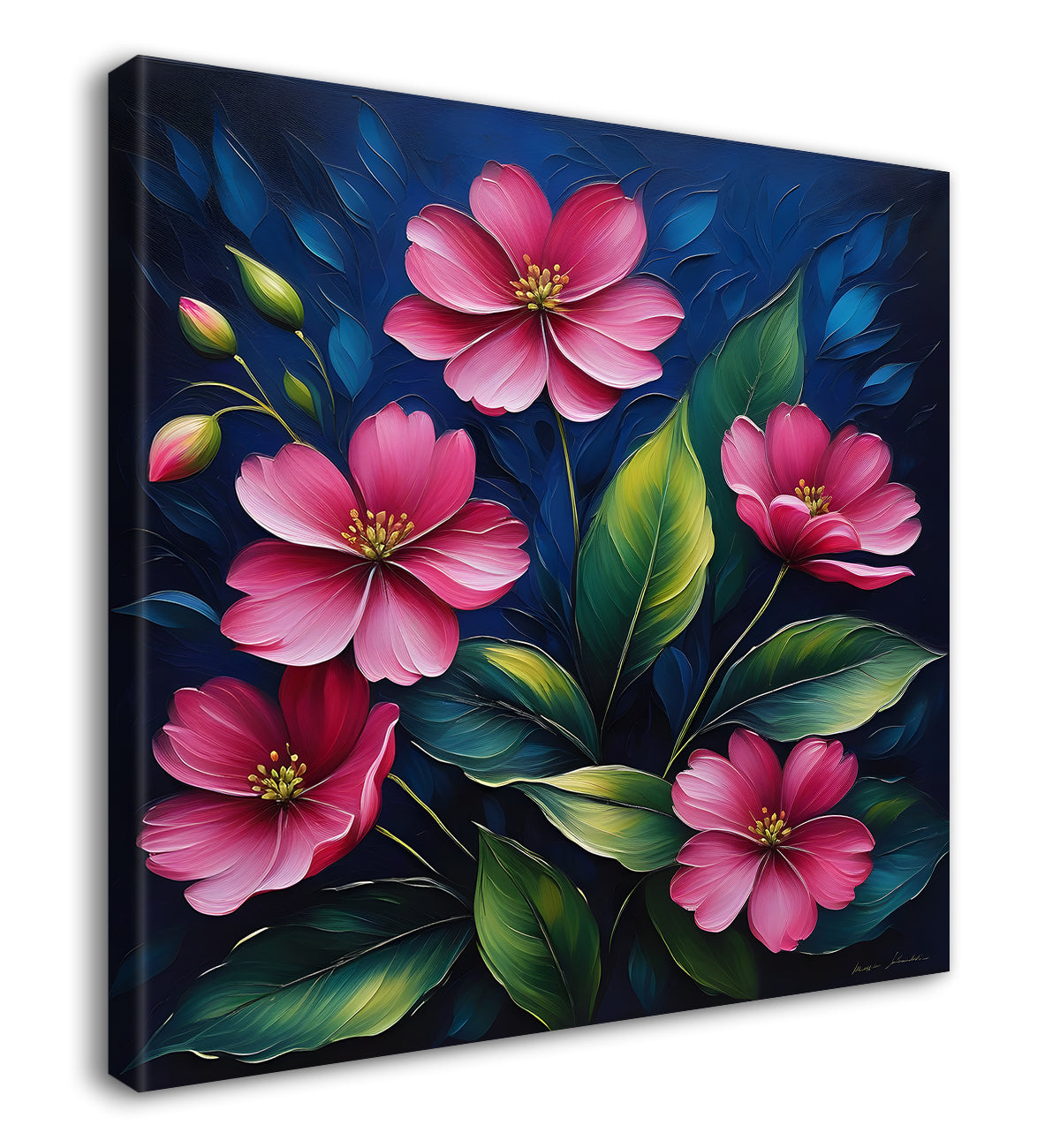 Pink flowers in navy blue textured painting Flower-S-572