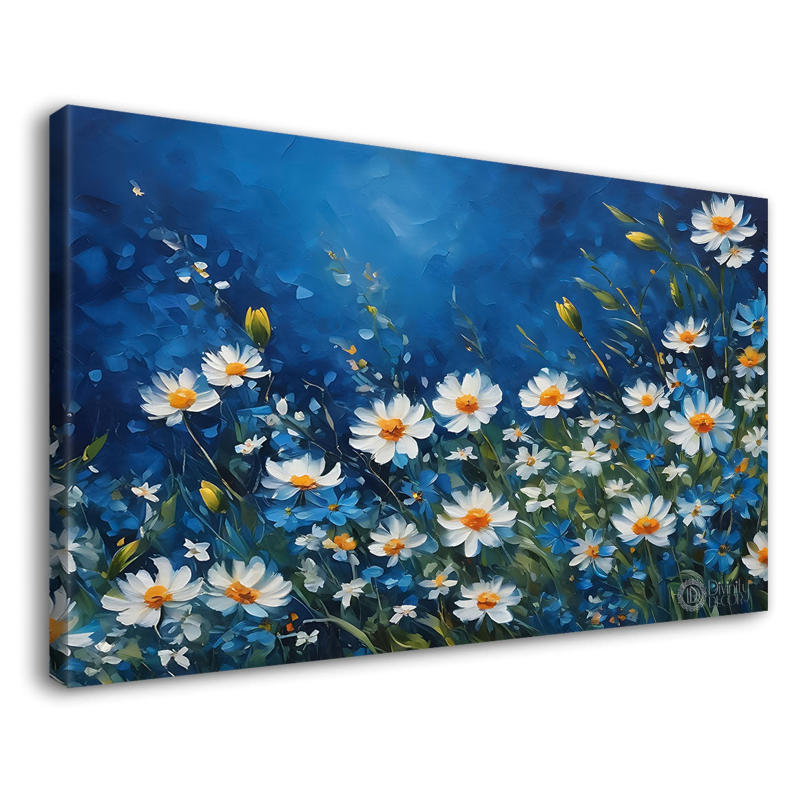 White flowers in navy blue background canvas painting- Flower-573