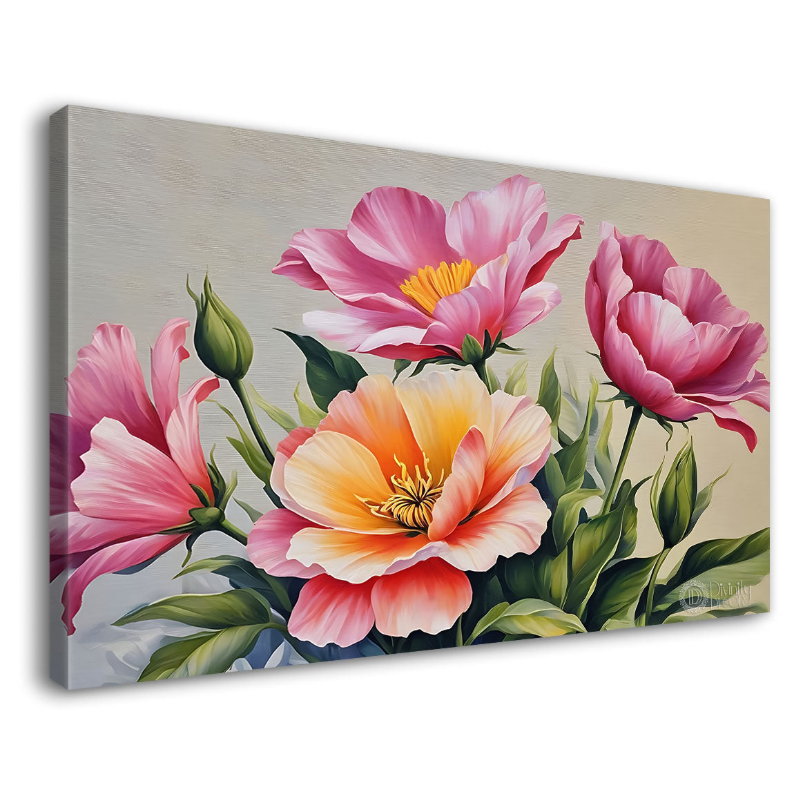 Pink flowers in grey background canvas painting- Flower-574