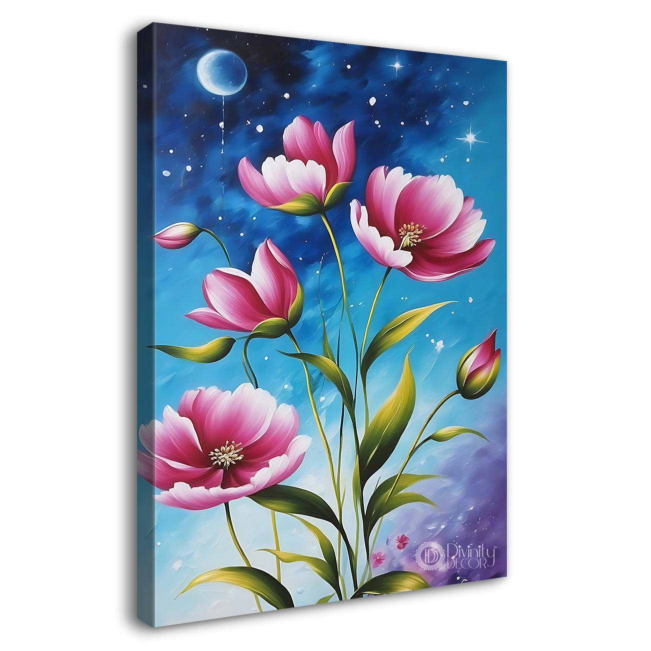 Pink flowers in blue textured painting- Flower-V-574