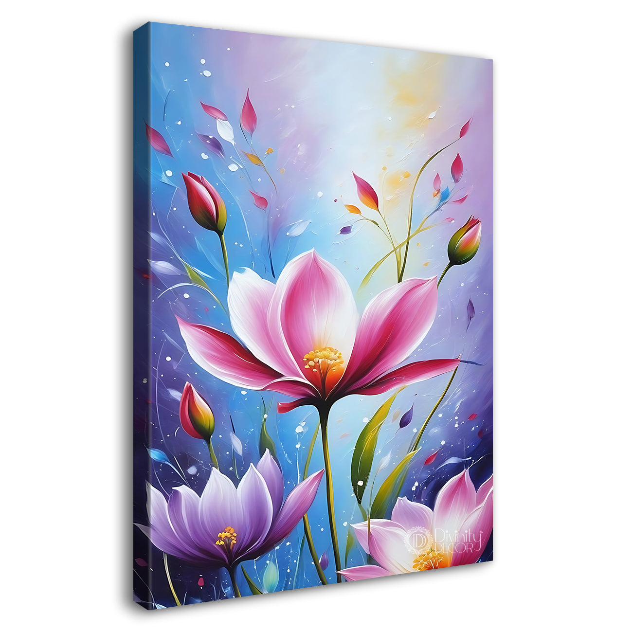 Pink flowers in blue textured painting- Flower-V-575