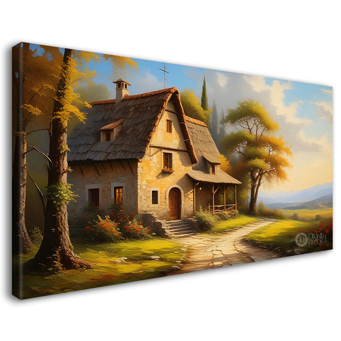 House on the way with blue sky textured painting Canvas Painting - Nature Art -575