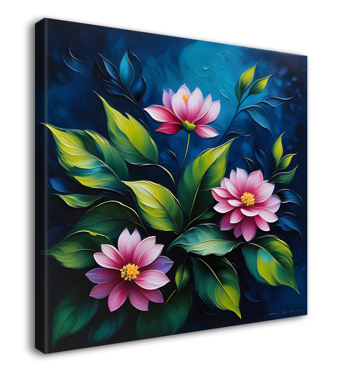 Pink flowers in navy blue textured painting Flower-S-575