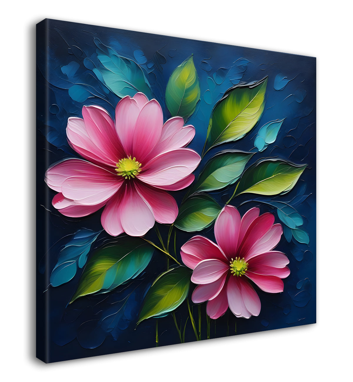Pink flowers in navy blue textured painting Flower-S-576