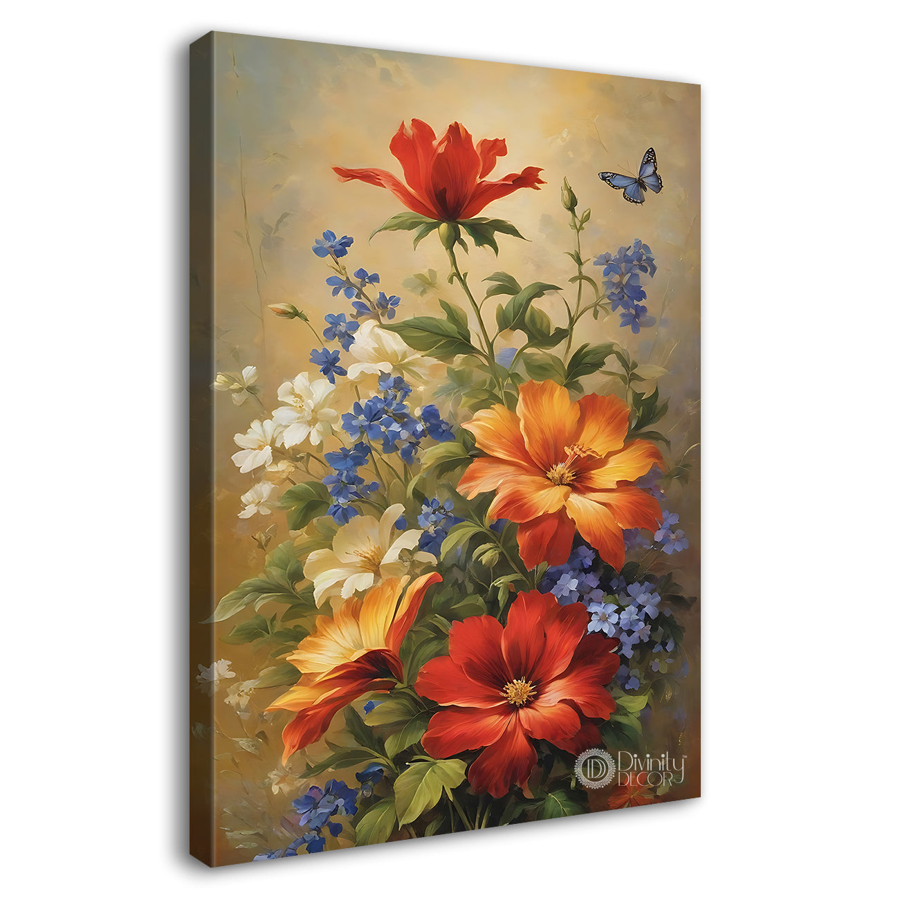 Red and yellow flowers in light textured painting - Flower-V-577