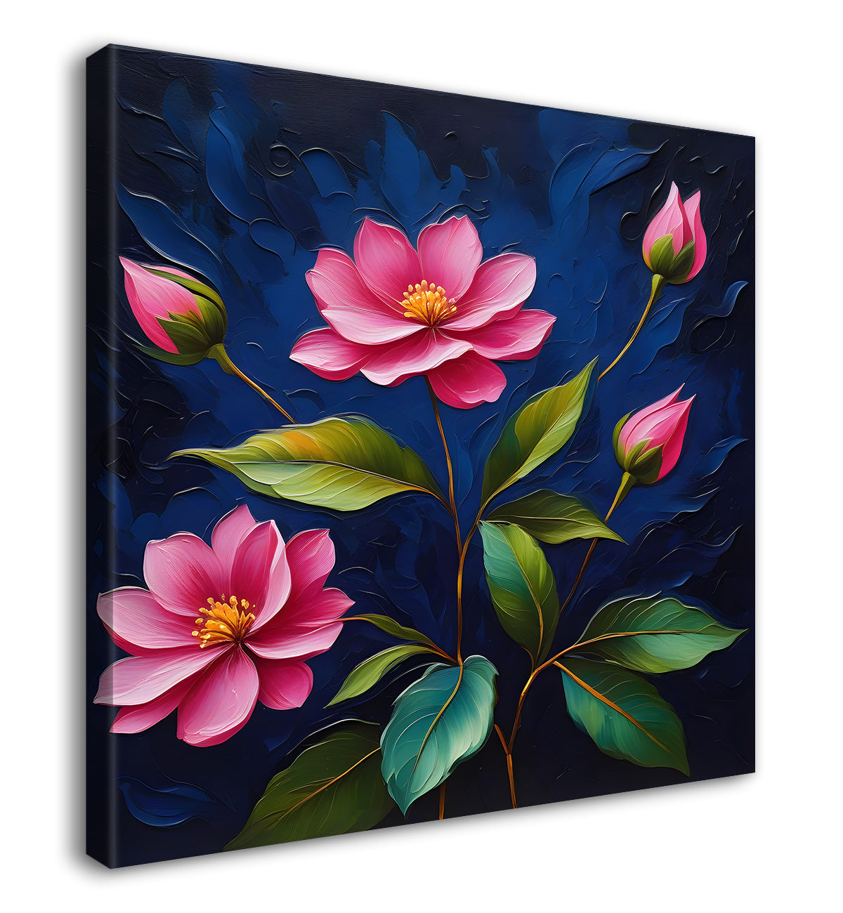 Pink flowers in navy blue textured painting Flower-S-577