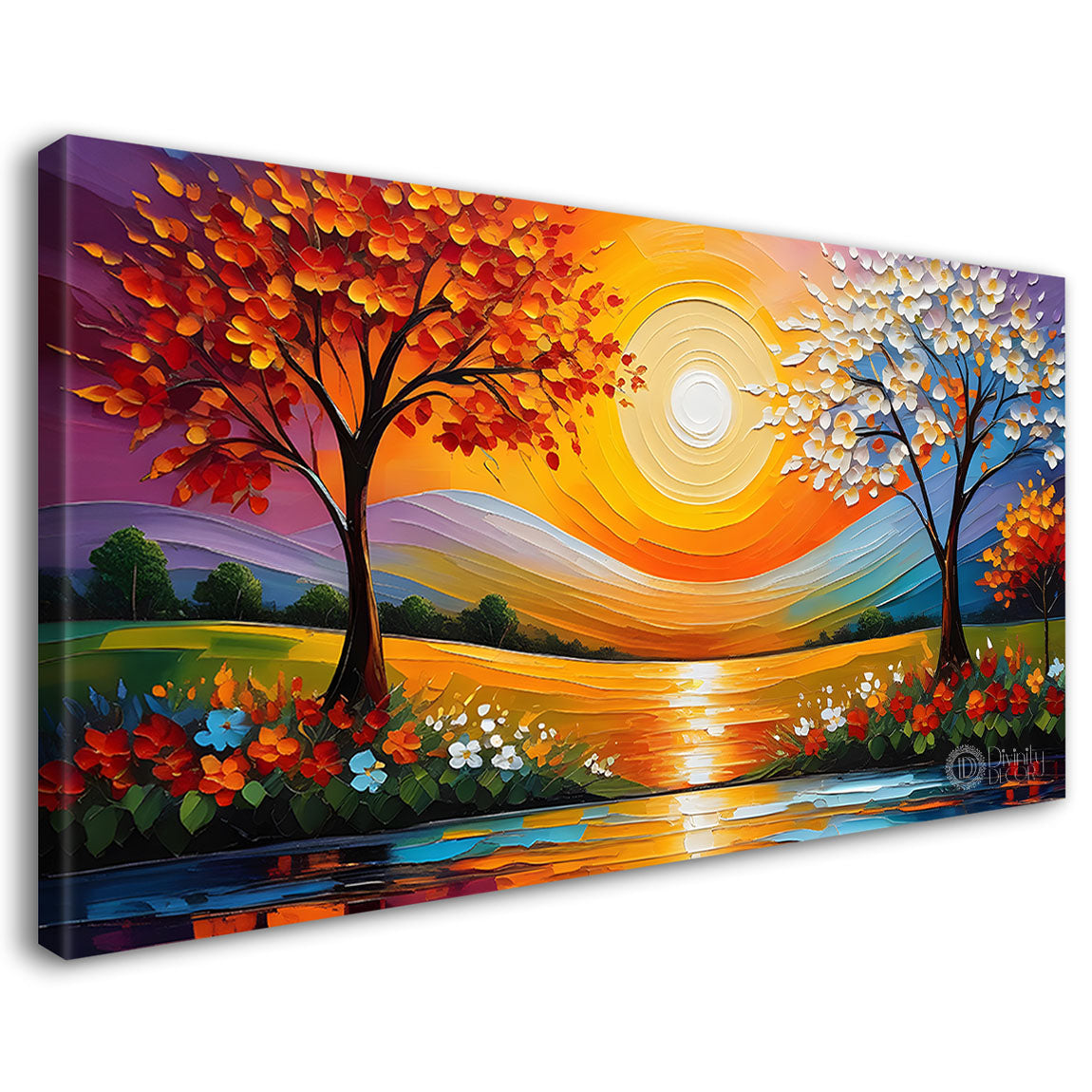 Colorful trees with sun and lake painting Canvas Painting - Nature Art -577