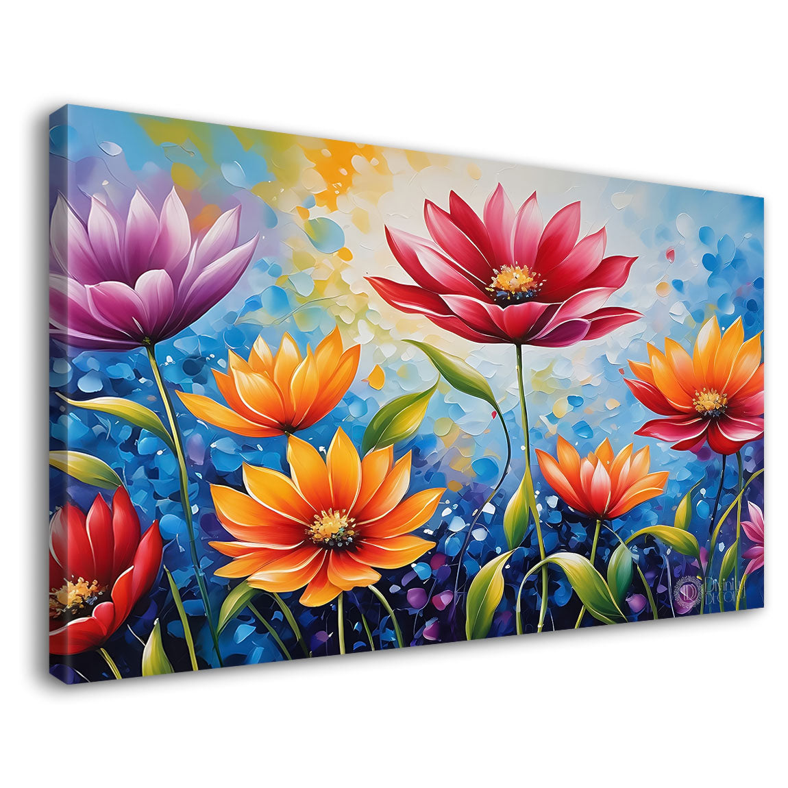 Pink and orange flowers in blue background canvas painting- Flower-578