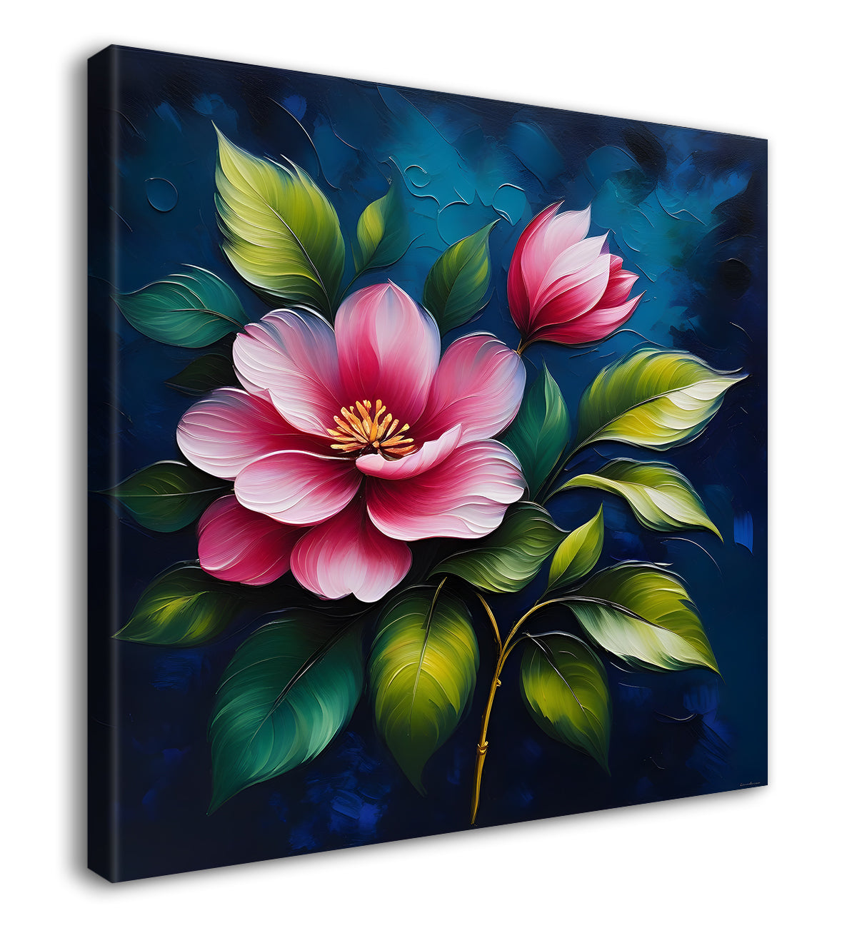 Pink flowers in navy blue textured painting Flower-S-578