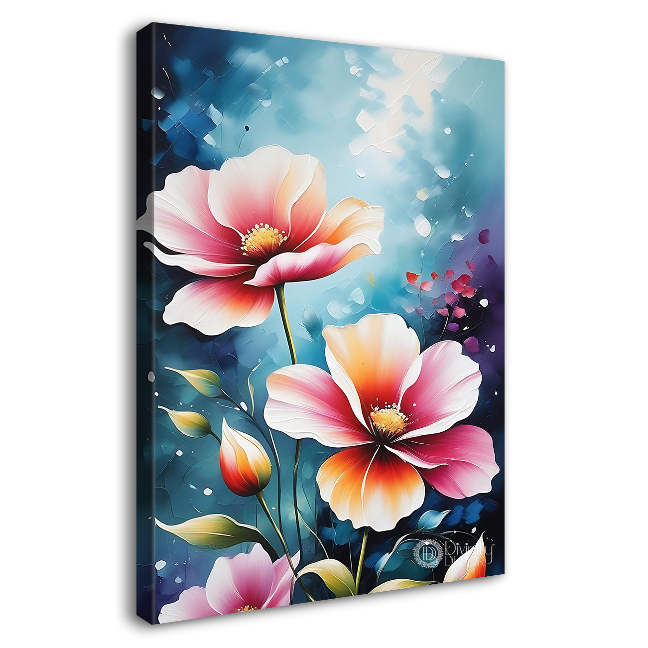 Pink flowers in blue textured painting - Flower-V-579
