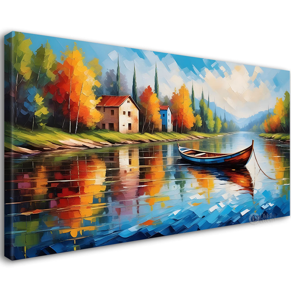 Colorful scenery with boat and houses modern art canvas painting - Design - River-57