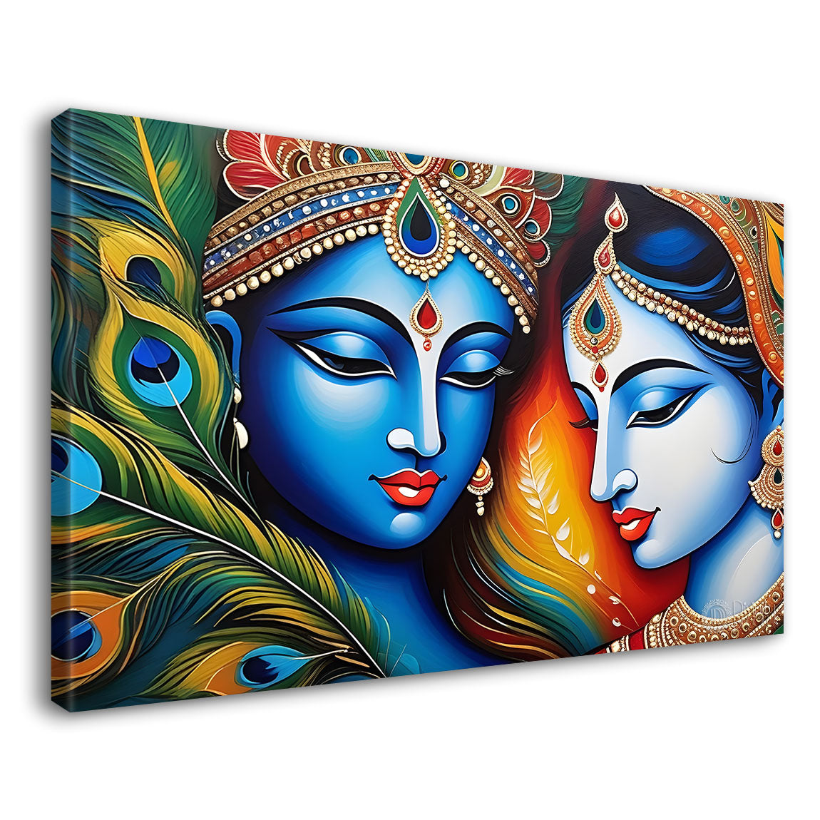Blue face Krishna and Radha with peacock feathers painting Canvas Painting - Design - Krishna-57