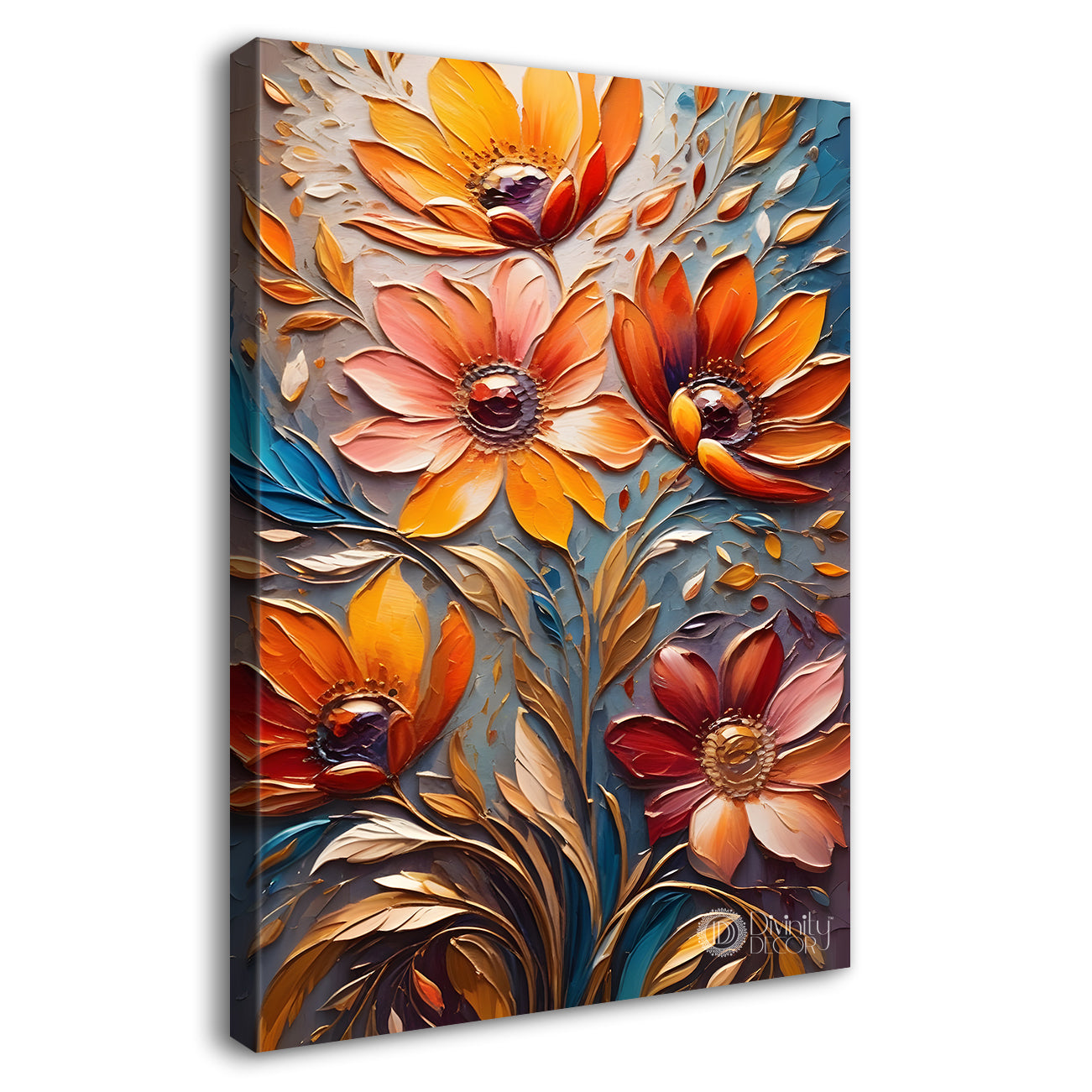 Orange flowers in colourful textured background painting - Flower-V-57