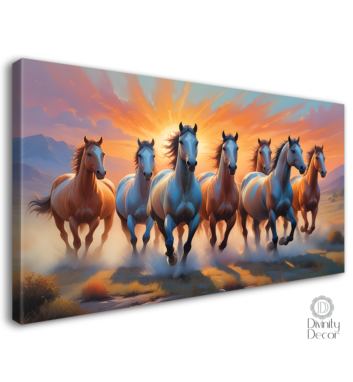 Brown running horses with sunrise textured background art Canvas Painting - Design - Horse-58
