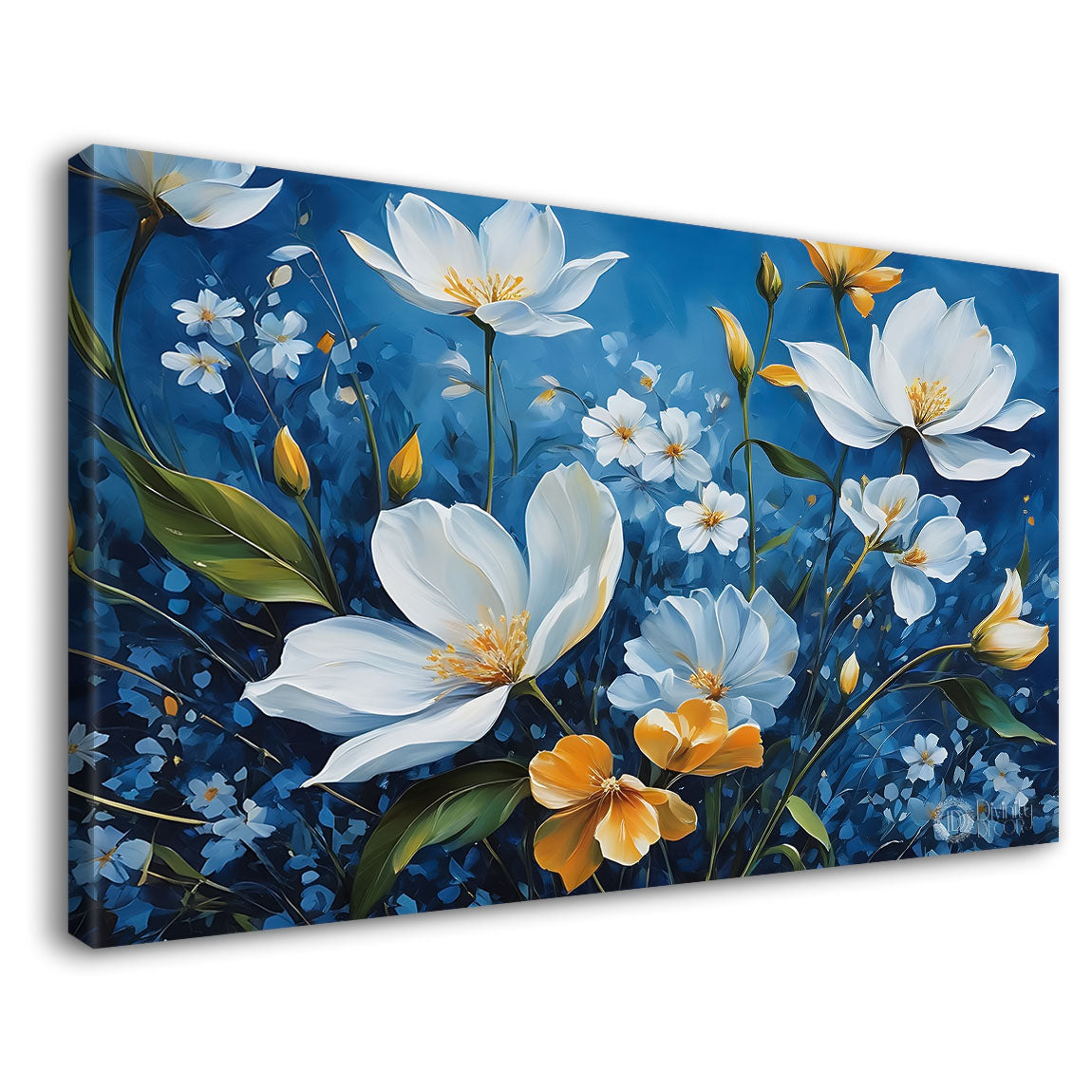 White flowers in blue background canvas painting- Flower-580