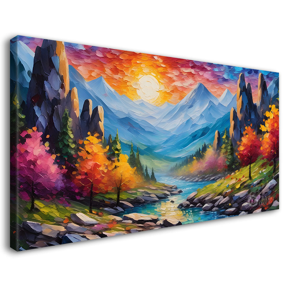 Mountains with colorful trees and lake painting Canvas Painting - Nature Art -580