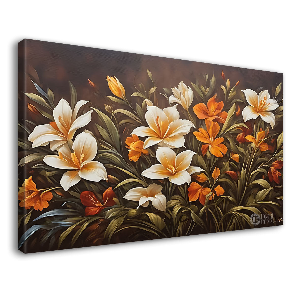 White flowers in brown background canvas painting- Flower-581