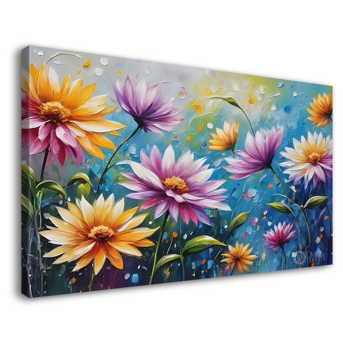 Colorful flowers with blue background canvas painting- Flower-582