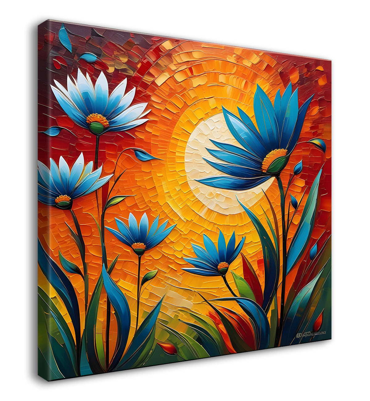 Blue flowers with the sunrise textured oil painting Flower-S-582