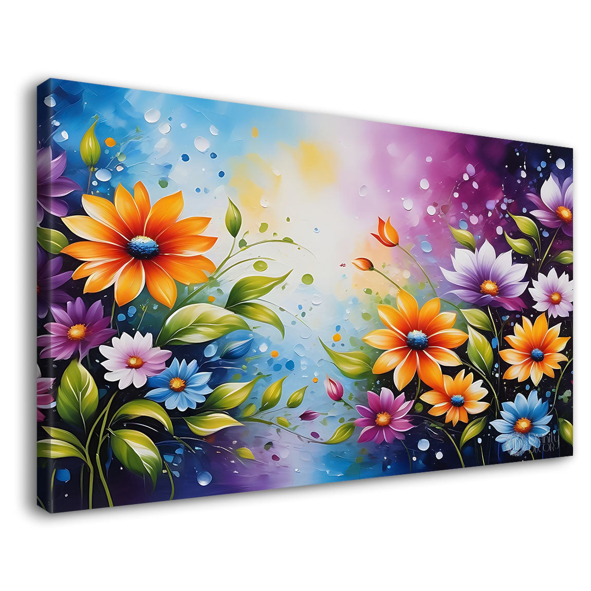 Colorful flowers with blue background canvas painting- Flower-583
