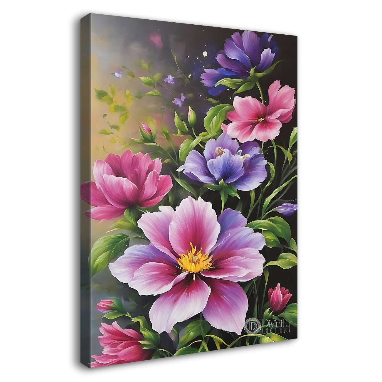 Pink flowers in grey textured painting - Flower-V-583