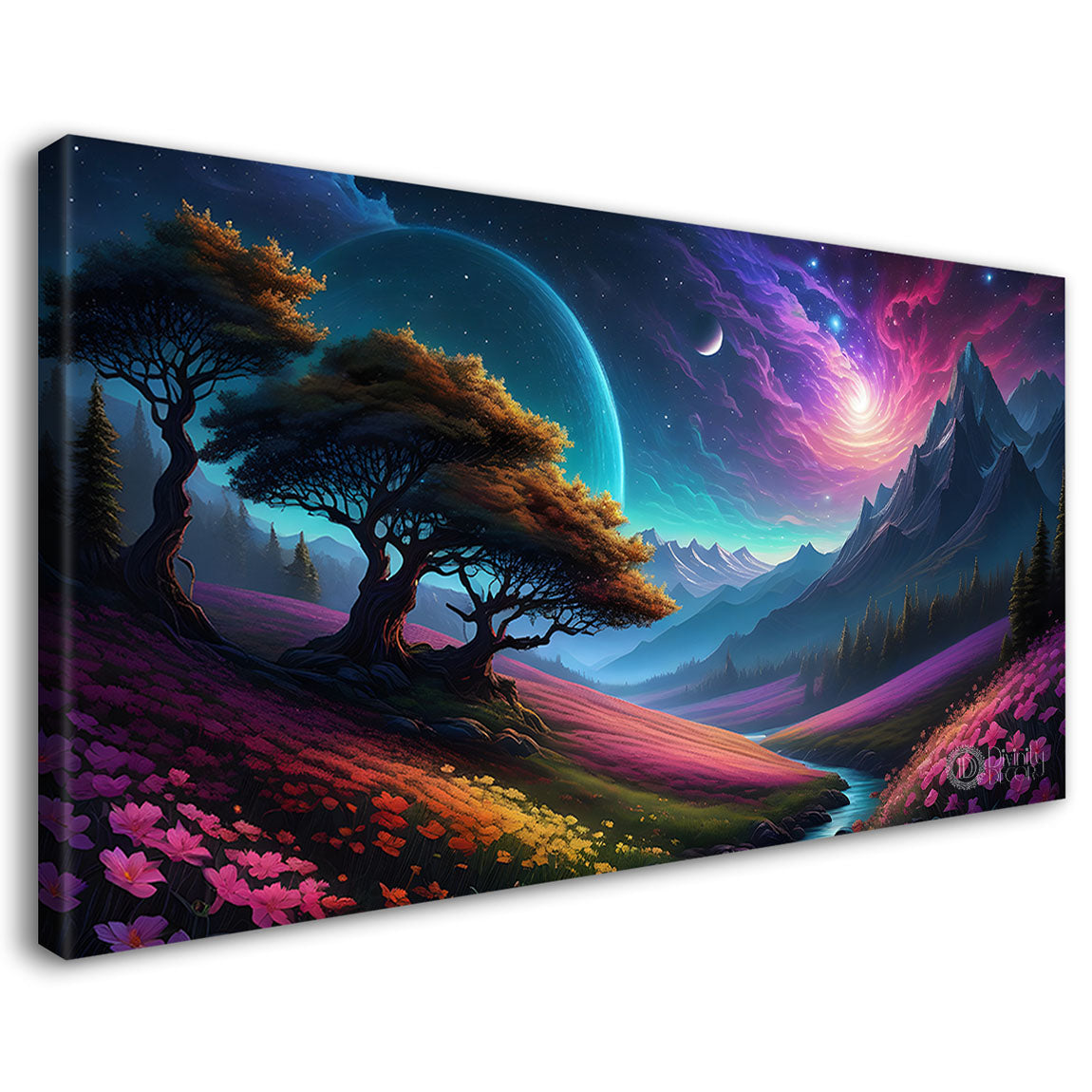 Mountains with trees with purple textured painting Canvas Painting - Nature Art -583