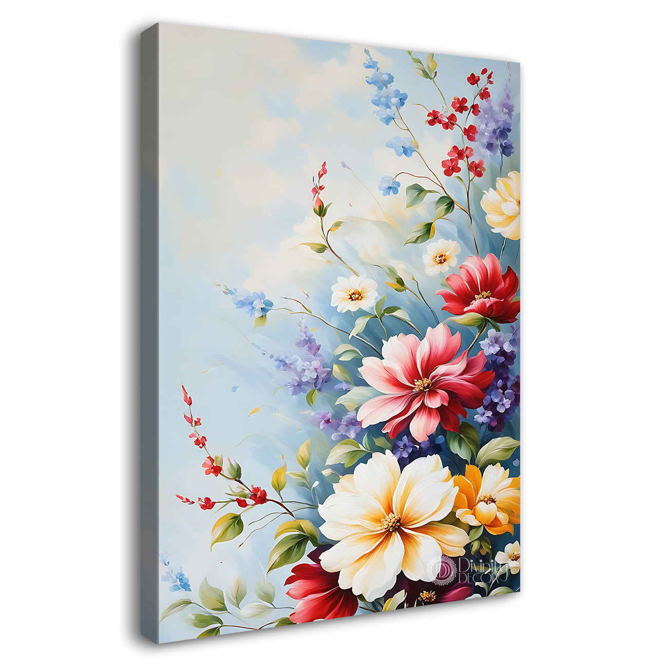 Colourful flowers in sky blue textured art  - Flower-V-584