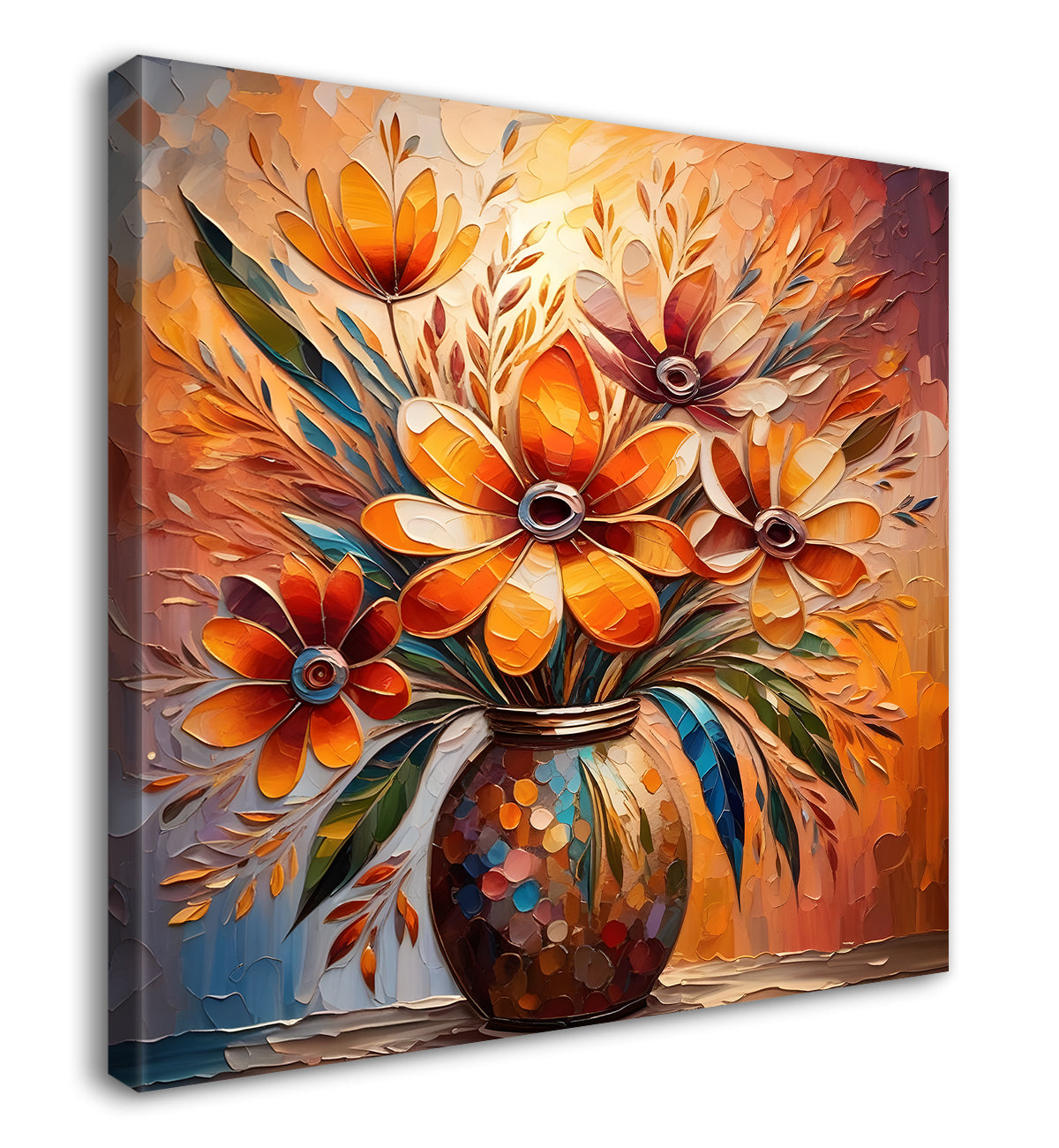 Brown flowers in a vas with yellow textured oil painting Flower-S-584